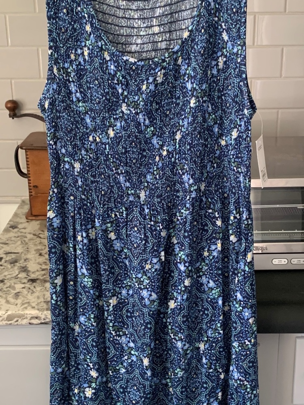 CROFT & BARROW SMOCKED BODICE MIDI SLEEVELESS BLUE FLORAL DRESS NWT SZ. SMALL